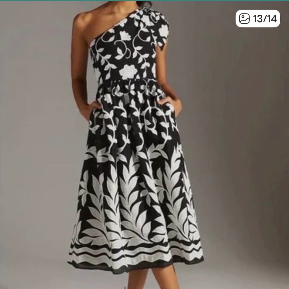 Anthropologie Black and White One-Shoulder Floral Midi Dress